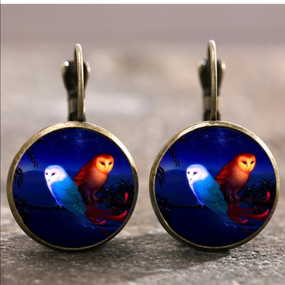 Owl Earrings Bronze Tone Leverback Colorful Bird Night Sky Jewelry -New